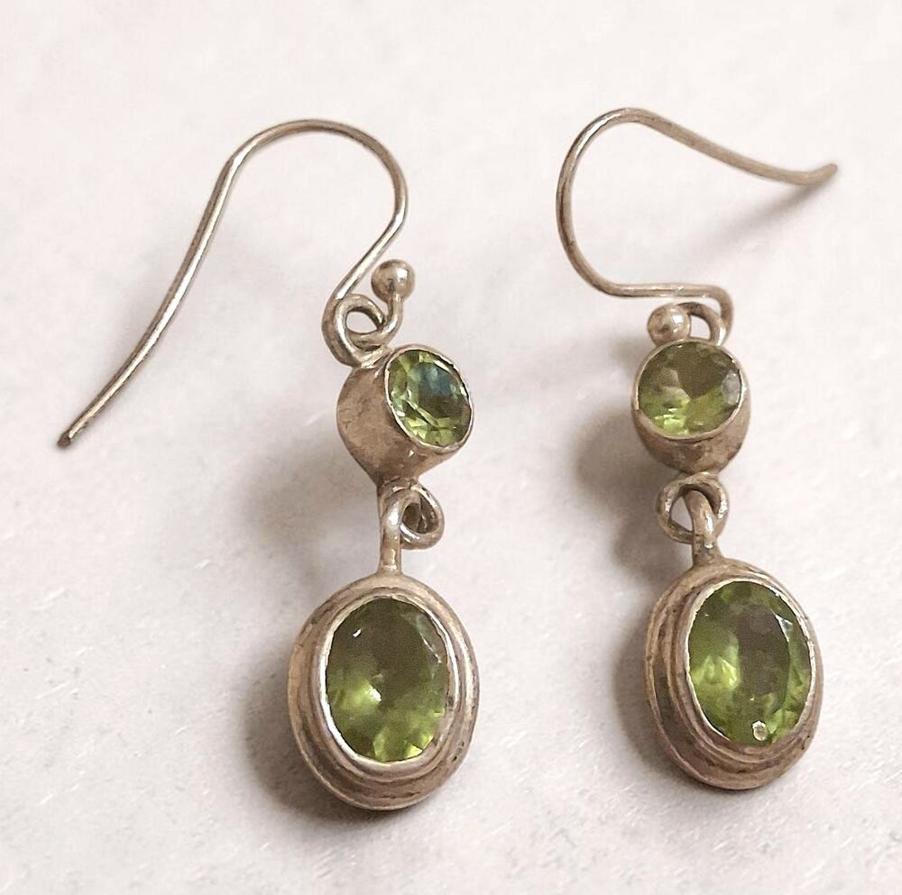 Sterling Silver Peridot Dangle Earrings Handmade August Birthstone 1" long